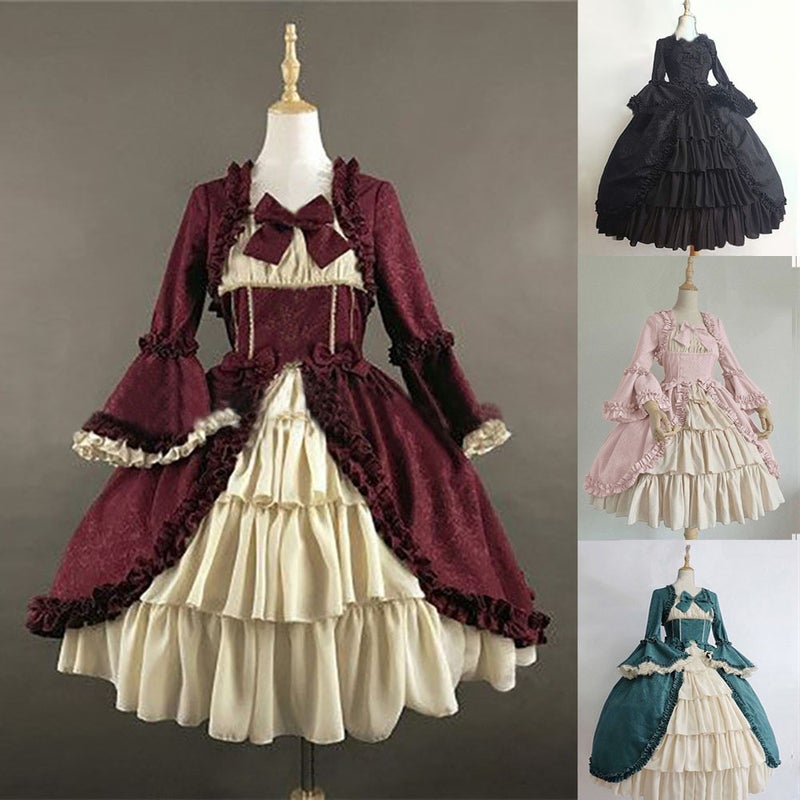 Patchwork Vintage Dress Bow Court Dress Square Collar Waist Medieval Gotello Princess - Image 2